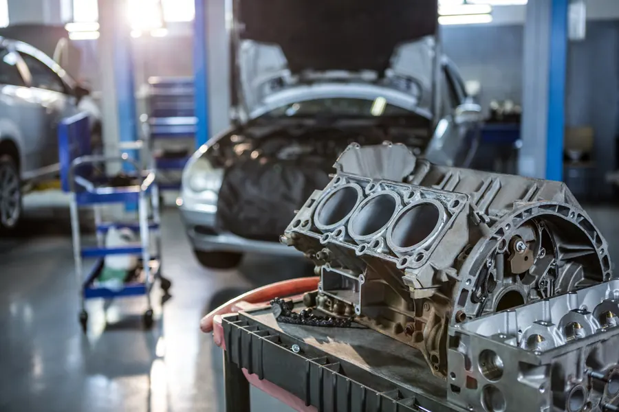 Car parts and tools in the repair garage