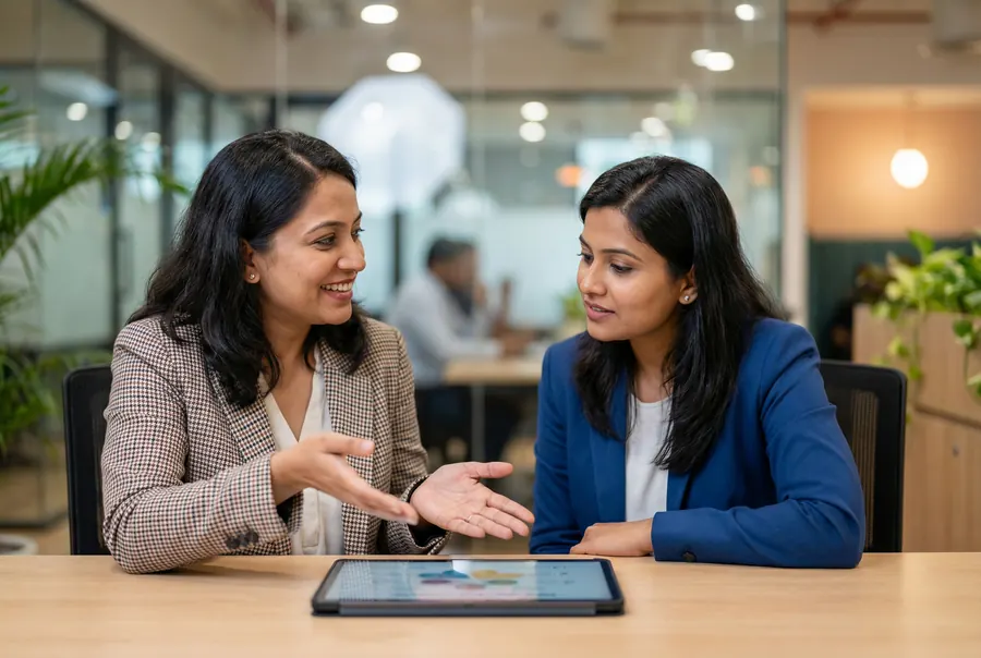 Professionals collaborating over a career plan in a modern office