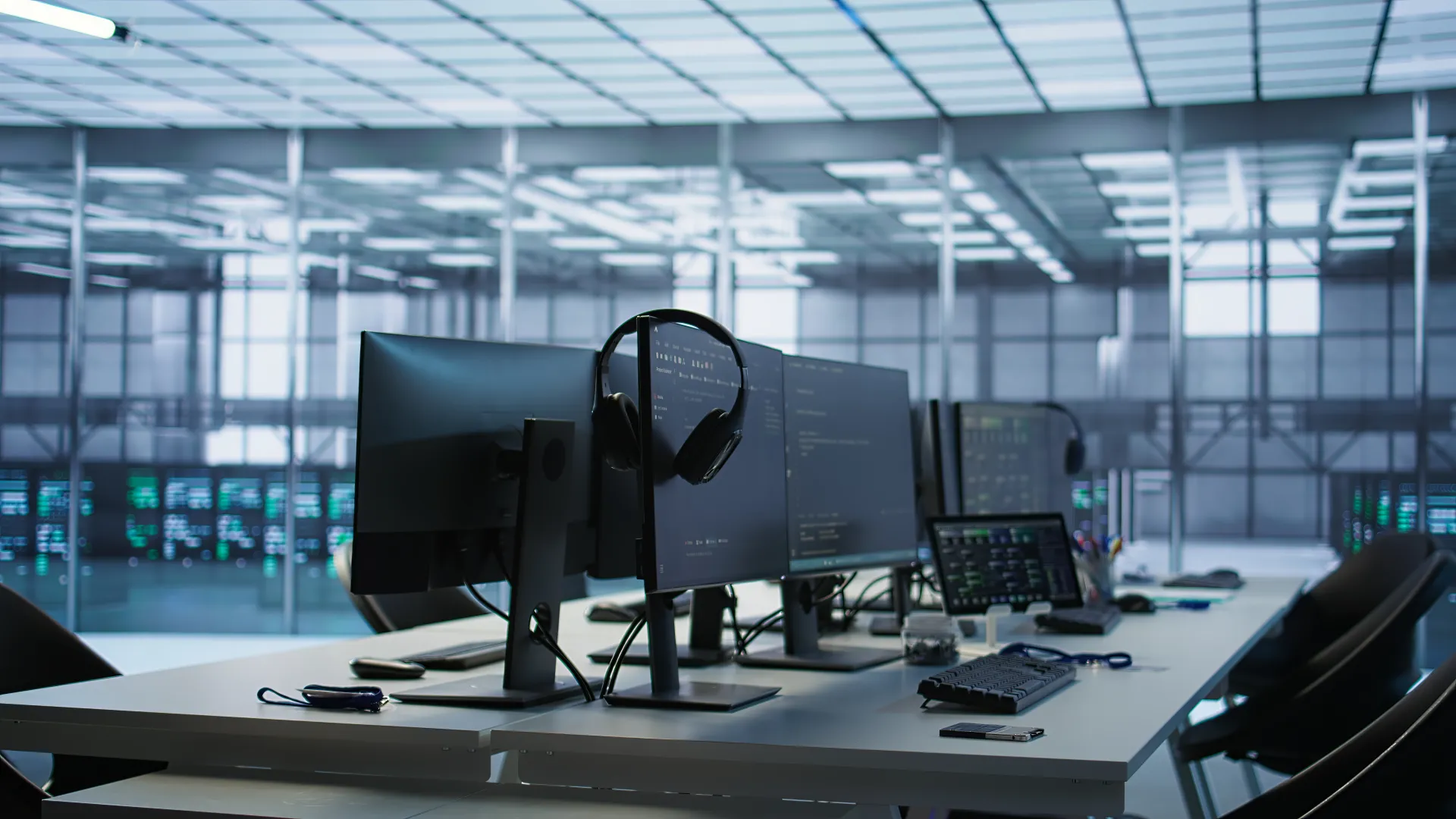Close-up of coding software on a tablet inside a server room