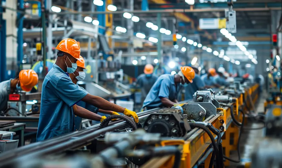 Two trained operators working in a factory with machines behind them