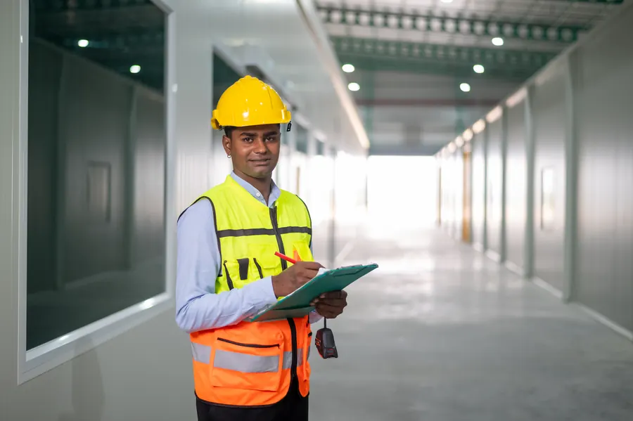 Worker completing quality documentation on the factory floor