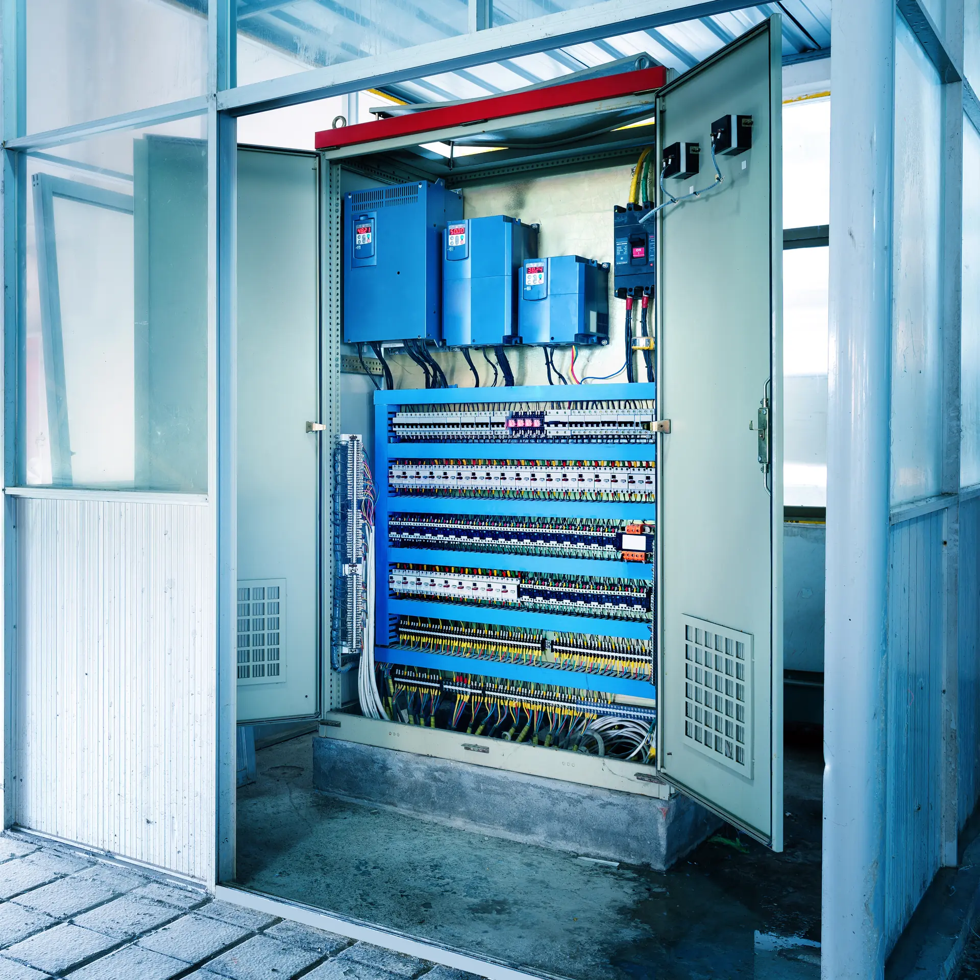 Machinery control room with operational displays